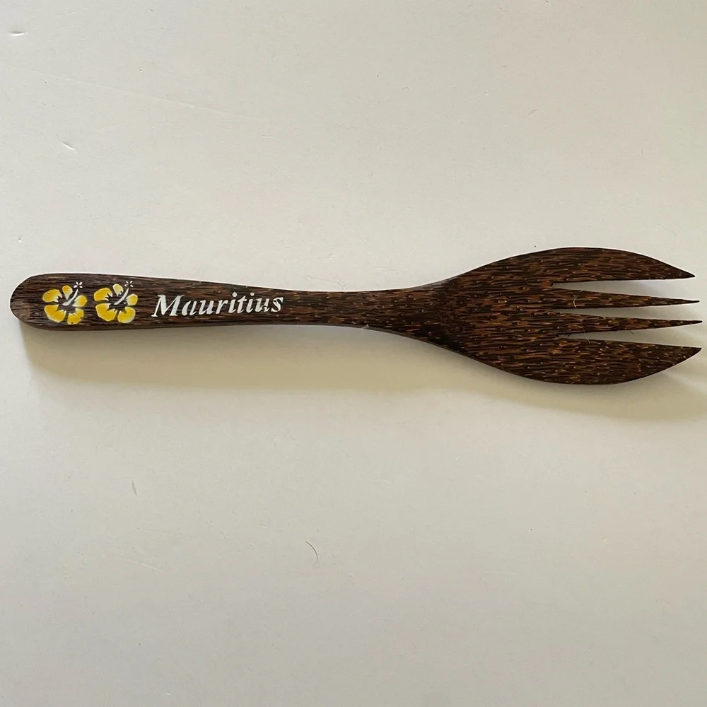 Mauritius Wooden Salad Serving Fork with Yellow Floral Design 12” long